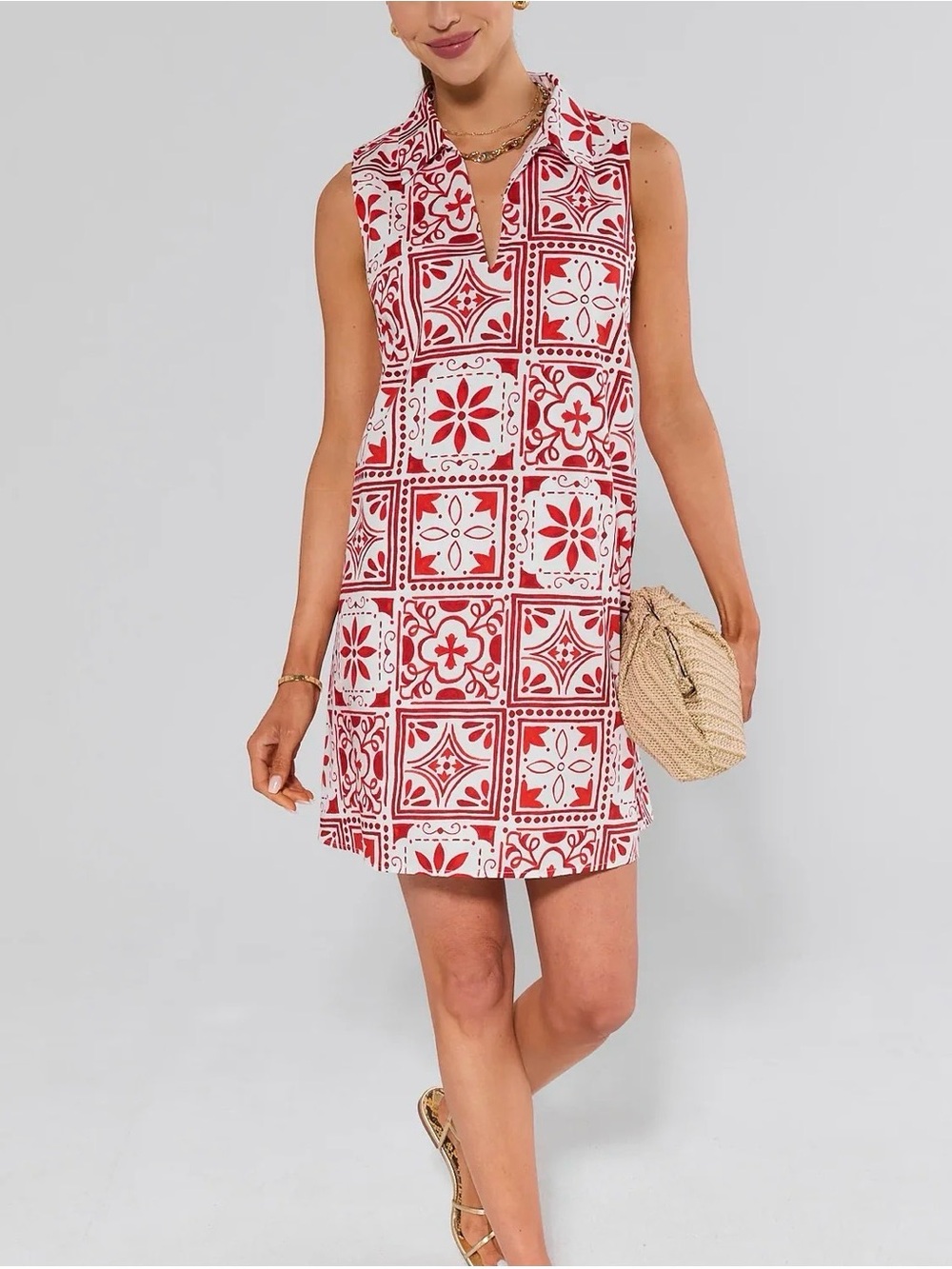Avara Sleeveless Tile-Print Dress - Red & White